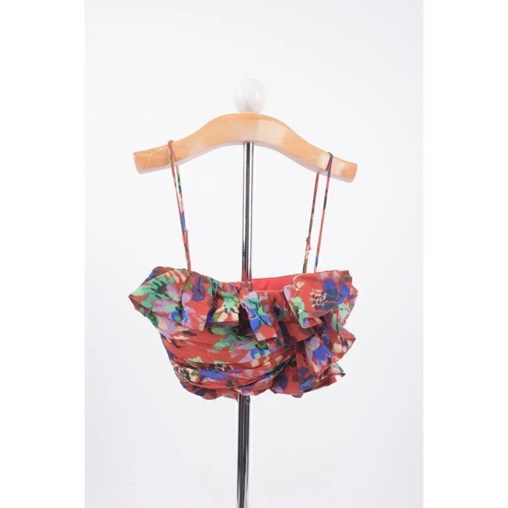 Zara Womens Red Floral Print Ruffled Corset Crop Top Size XS 9159/705 NWT